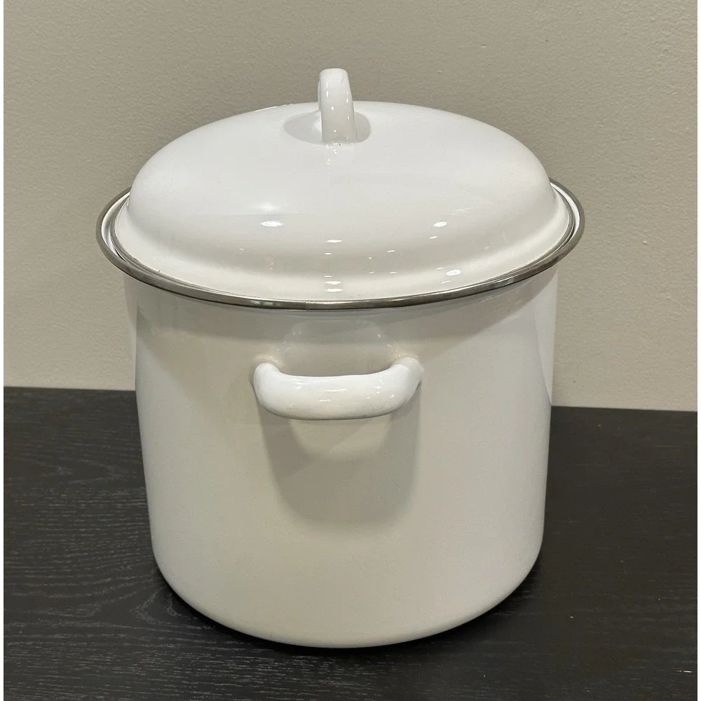 Vintage White Enamel Stock Pot with Lid 9.5 Diameter Camping Cottagecore Kitchen